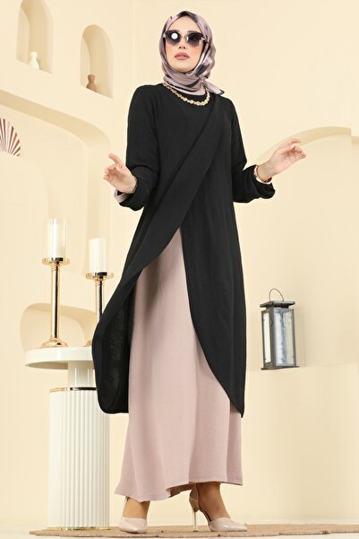 ModaMerve Tuniği Yırtmaçlı Elbiseli Takım 2742SL432-MS Siyah&Vizon