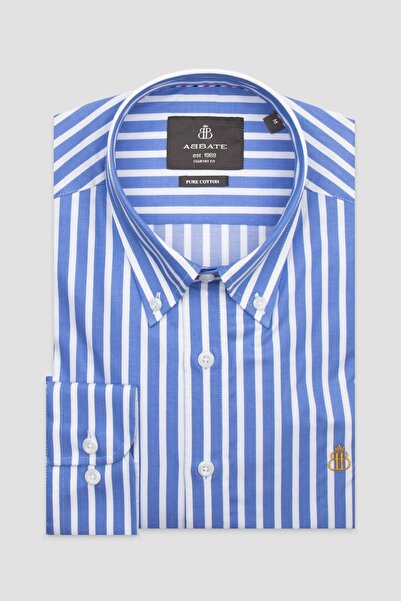 Abbate Matteo Twill Бавовняна Comfort Fit Синя Комір на ґудзиках Чоловіча сорочка в смужку