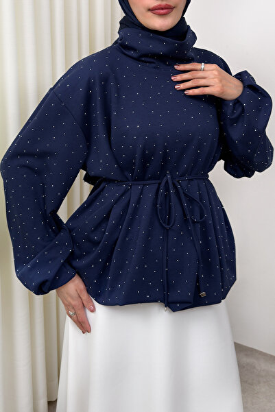 zhrcelebi Stone Detailed Casual Swit Blouse 0026 - Dark Blue