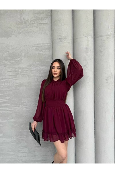 OLSAMODA KADIN ETEĞİ FIRFIRLI BÜZGÜ DETAYLI BALON KOL ŞİFON ELBİSE