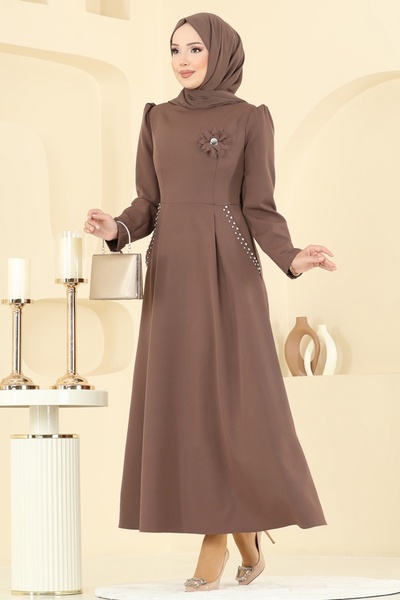 ModaMerve Taş Detay Çiçek Aksesuarlı Elbise 2741SL432-MS Koyu Vizyon