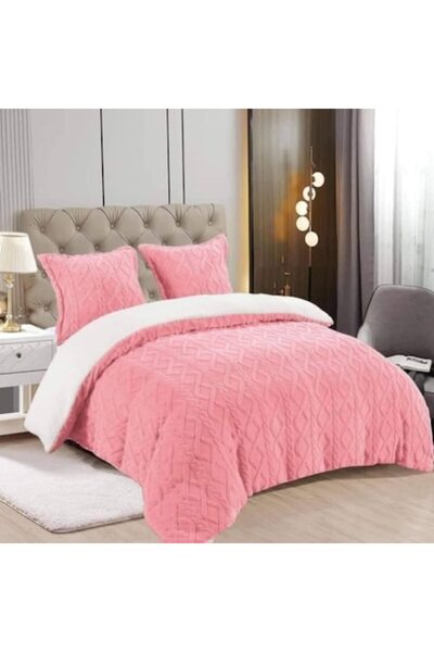 OEM Cocolino Sherpa Quilted Duvet Set with Faux Fur and 2 Pillowcases, Light Pink, 200x230 cm