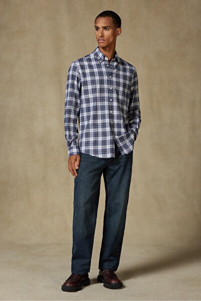 Abbate Luca Фланель з бавовняною сумішшю Comfort Fit Синій сорочка з ґудзиками на комірі Чоловіча сорочка в клітинку