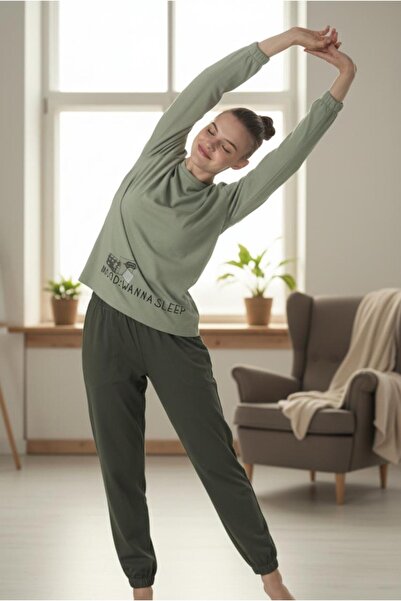 MORRO Khaki Green Mood Written Sports Long Sleeve Elastic Pajama Set