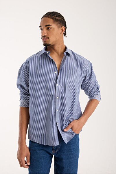 Abbate Ανδρικό ριγέ πουκάμισο BB Club Rio Twill Cotton oversized Fit Navy Blue Classic Collar