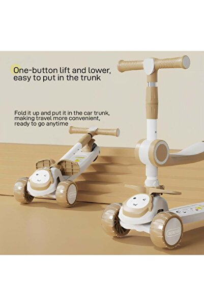 Genaric سكوتر للأطفال 3 في 1 مزود بإضاءة LED ومقعد قابل للتعديل - بيج