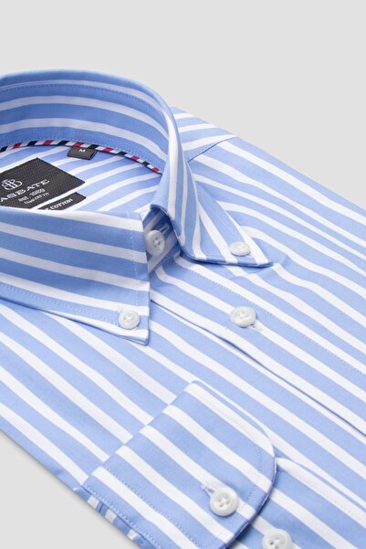 Abbate Matteo Twill Бавовняна Comfort Fit Світло-синя сорочка з ґудзиками на комірі Чоловіча сорочка в смужку