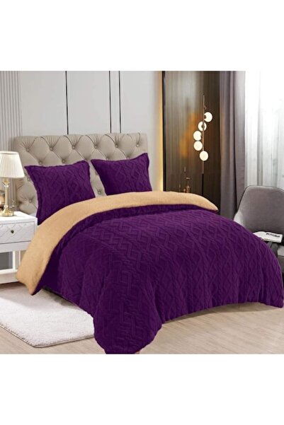 OEM Cocolino Quilted Blanket Set for 2 with Faux Fur + 2 Pillowcases, Purple 200x230 cm