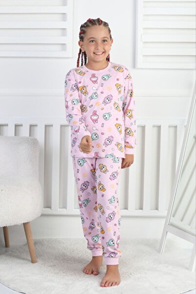 İsobel Kids Girls' Labubu Pattern Pink Color Single Jersey Fabric Long Sleeve Pajama Set