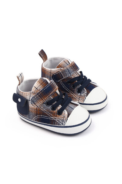 BebeNou Brown & Navy Plaid Sneakers for Boys (Size: 18)