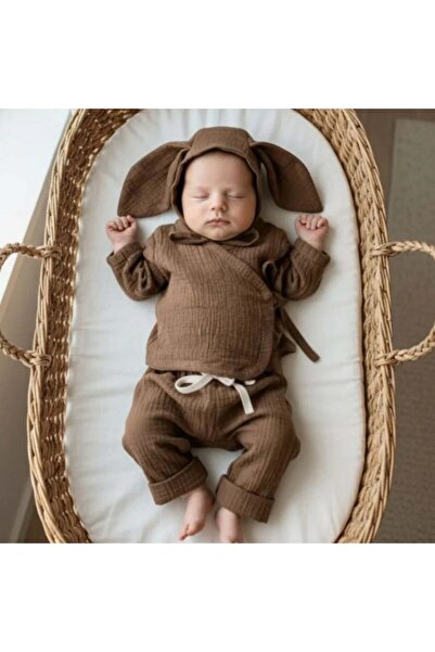 Doray Organic Yenidoğan Erkek Bebek Alt Üst Takım | Kahverengi | Pamuk Müslin