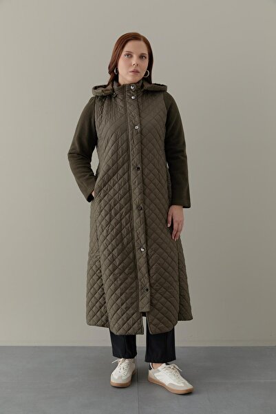 FATMA DANIŞMAN Kolları Kaşe Ön Arka Kapitone Kumaş ÇıtÇıt Aksesuarlı Mont -Haki