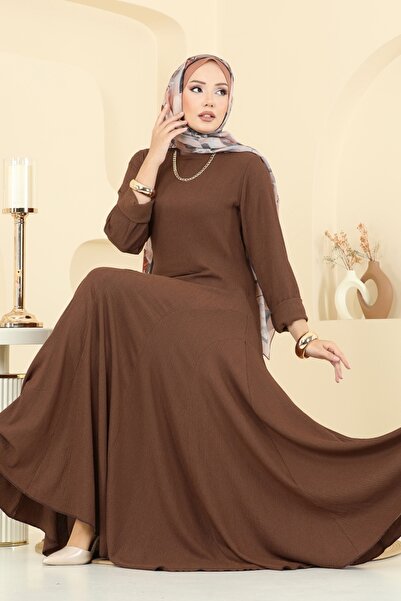 ModaMerve Bisiklet Yaka Bürümcük Elbise 7132ERK1158-MS Kahve