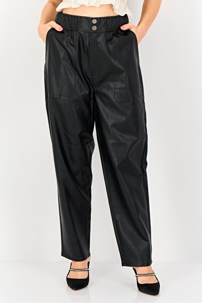 Reiko Women Baggy Fit Leather Straight Leg Pants, Black