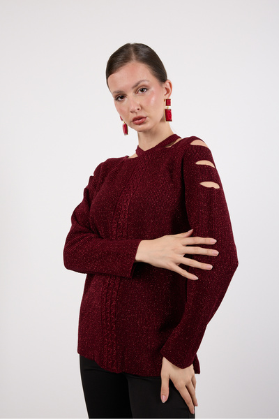 Moda Days Women's Burgundy Cut-Out Detail on the Shoulders Raglan Sleeve Glittery Knitwear Sweater