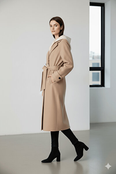 cemo Women's Hooded Belted Buttoned Coat