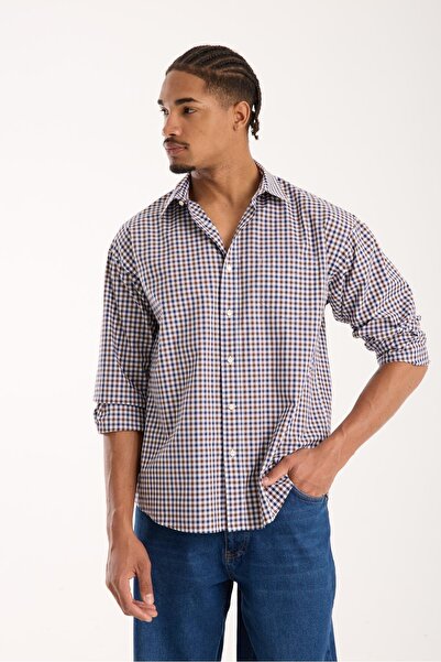 Abbate Ανδρικό καρό πουκάμισο BB Club Rio Poplin Cotton oversized Fit καφέ κλασικό πέτο