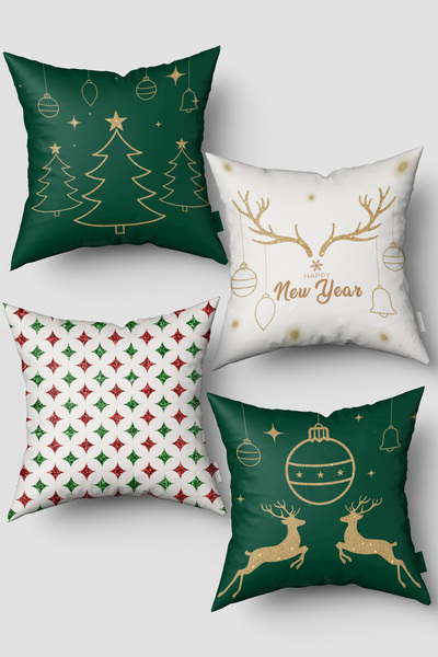 EsnafAli Set de 4 huse de pernă de Crăciun cu copac de pin verde și alb și reni
