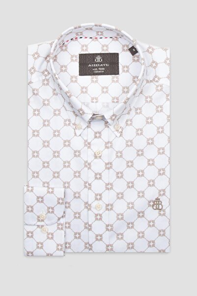 Abbate Luca Dobby Cotton Comfort Fit Beige Button down Collar Men's Printed Shirt