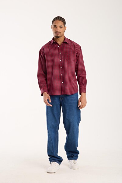 Abbate Bb Club Rio Twill Cotton Blend Oversized Fit Red Classic Collar Men's Checkered Shirt