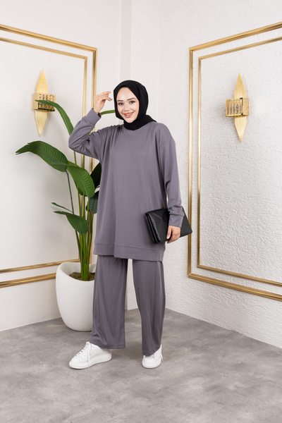 Sfg Life Moda Women's Crew Neck Plain Combed Cotton Double Bottom Top Set