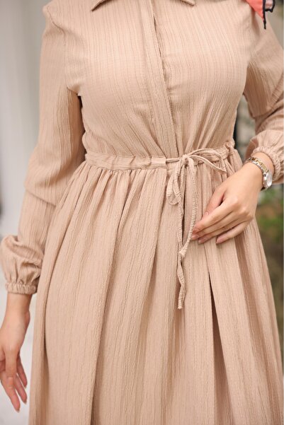 comstar Γυναικείο μακρυμάνικο μπεζ μακρύ φόρεμα με κορδόνια