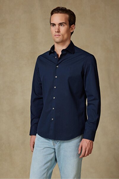 Abbate Ανδρικό πουκάμισο μονόχρωμο με κλασικό γιακά Piero Gabardin Cotton Comfort Fit Navy Blue