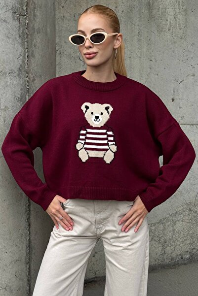 VAGGON Γυναικείο πουλόβερ με λαιμόκοψη μπορντό με τύπωμα πλεκτό πουλόβερ Vs01422