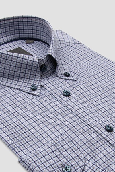 Abbate Aldomar Поплін Бавовняний Comfort Fit Синій Комір на ґудзиках Чоловіча картата сорочка