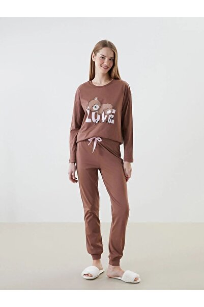 LC Waikiki Γυναικείο σετ πιτζάμες LCW Young Brown Crew Neck με στάμπα