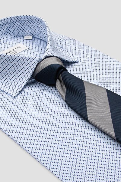 Abbate BB Club Oscar Поплин Стреч памучна смес Слим фит Синя Класическа яка Мъжка риза с принт