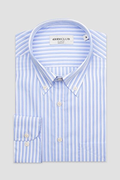 Abbate BB Club Mike Поплін Бавовняна Regular Fit Світло-синя Комір на ґудзиках Чоловіча сорочка в смужку