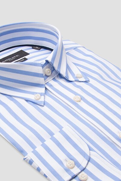 Abbate Carlo Twill Бавовняна сорочка Slim Fit світло-синього кольору з ґудзиками на комірі та смужками для чоловіків