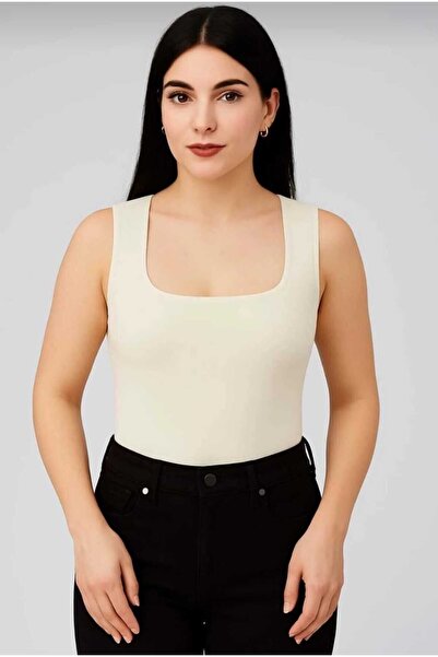 DALİAYILDIZ Lined Zero Sleeve Square Neck Low Cut Snap Bodysuit