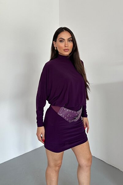 spirituel Rochie de damă mini elegantă, cu centură, cu jumătate de gât roșu, cu mâneci lungi de liliac, rochie drapată Sandy