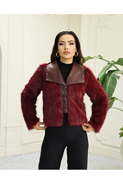 Vegove Kuşgözü Detaylı Geniş Yaka Deri&Kürk