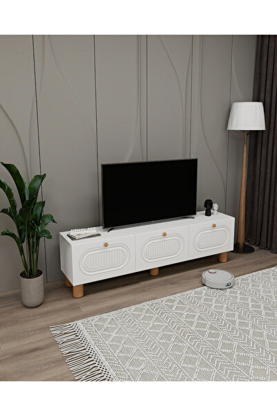 menalART Ağaç Tasarım TV Ünitesi Bohem Beyaz Tv Sehpası Üç Kapak Elegans Beya...