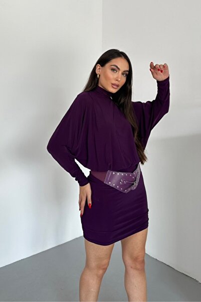 spirituel Rochie de damă mini elegantă, cu centură, cu jumătate de gât roșu, cu mâneci lungi de liliac, rochie drapată Sandy
