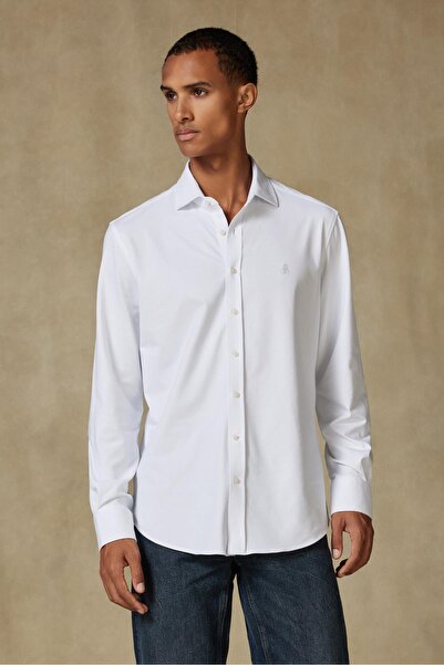 Abbate Stefano Jersey Cotton Blend Comfort Fit White Classic Collar Men's Plain Shirt