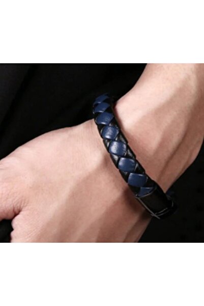 voyageaccessory Daily and Business Style Navy Blue Black Braided Leather Men's Bracelet with Magnetic Steel Clip