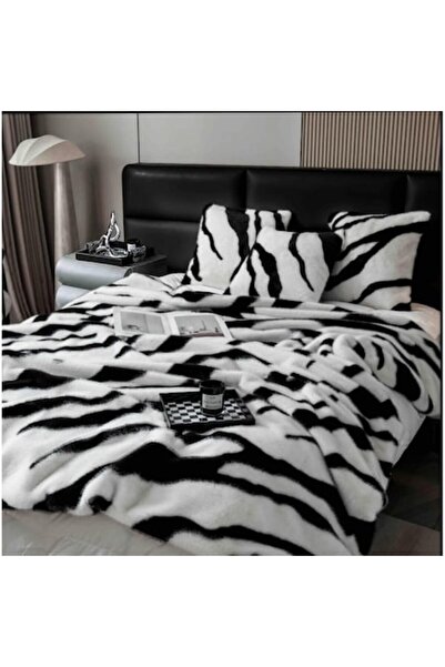 OEM Zipper Blanket Set with Artificial Mink Fur + 2 Pillowcases, White-Black