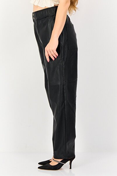 Reiko Women Baggy Fit Leather Straight Leg Pants, Black