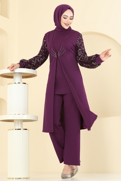 ModaMerve Kolları Fileli Şık Takım ASM2832-MS Mürdüm