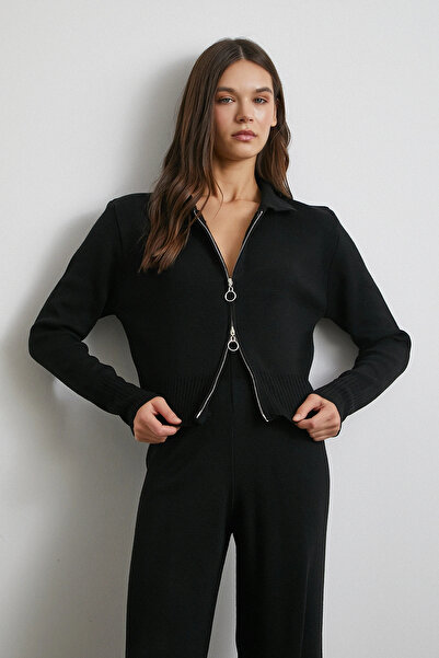 Never more Double Zipper Cardigan Set Black