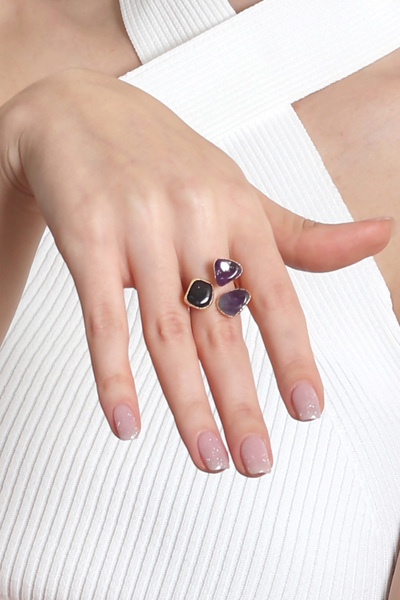 LABALABA Women's Amethyst Natural Stone Two-Strand Handmade Adjustable Design Ring