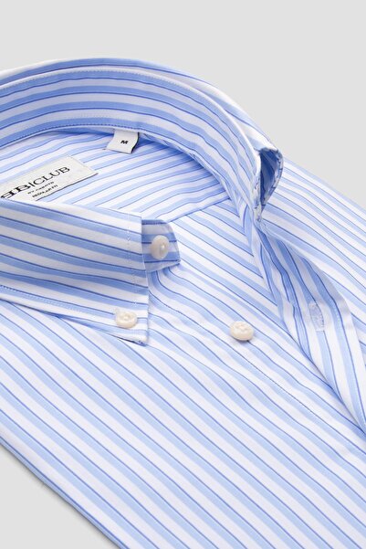 Abbate Cămașă pentru bărbați cu dungi BB Club Mike Poplin, din bumbac, cu croială normală, albastru deschis, cu guler cu nasturi