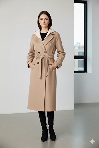 cemo Women's Hooded Belted Buttoned Coat