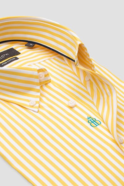 Abbate Carlo Twill Бавовняна сорочка Slim Fit з жовтими ґудзиками на комірі та смужками для чоловіків