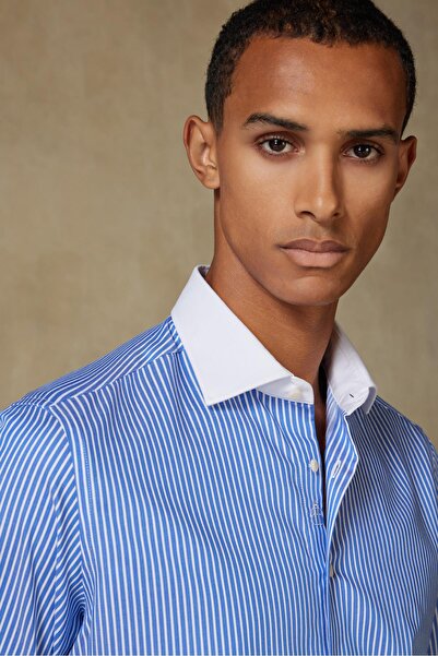 Abbate Grant Non Iron Twill Cotton Slim Fit Dark Blue Classic Collar Men's Striped Shirt