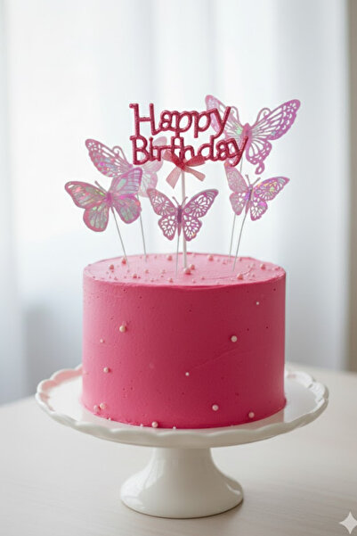 PASTRY PLANET Pasta Üstü Happy Birhtday & Kelebek Süs Seti Pembe